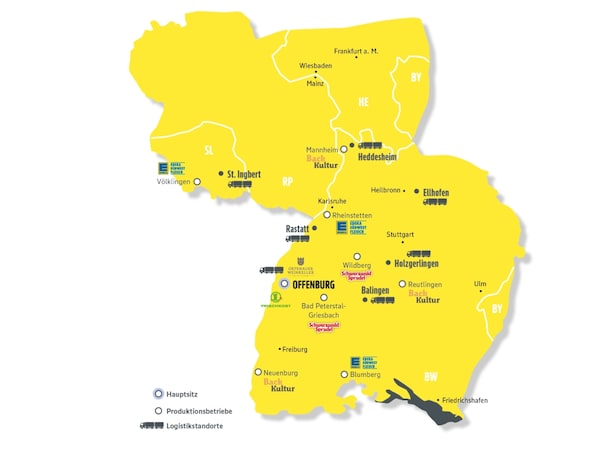Landkarte: Weißer Hintergrund mit gelbem Gebiet der EDEKA Südwest. Logistikstandorte und Produktionsbetriebe sind vermerkt.