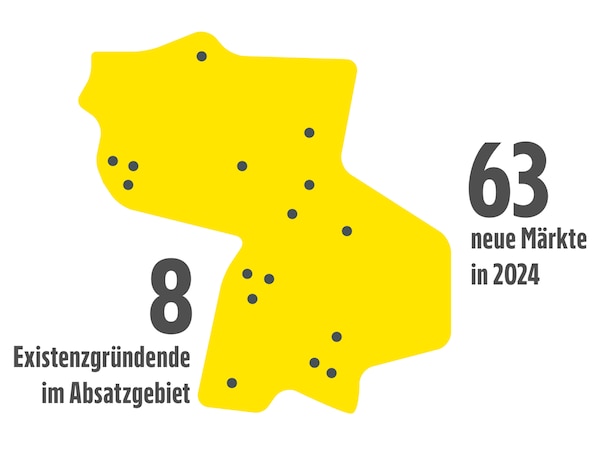 Karte mit gelben Absatzgebiet und schwarzen Punkten, die symbolisch neue Märkte zeigen.